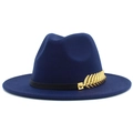 Classic navy blue fedora hat in wool felt with a gold leaf accent and black band - Dark Blue
