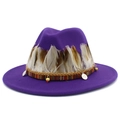 Close-up of purple wool fedora featuring ethnic woven band, beads and natural feathers - Purple