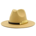 Classic camel wool fedora hat with black leather band and gold leaf accent on white background - Khaki