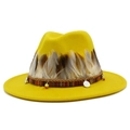 Classic bright yellow fedora hat with elegant natural feathers and woven ethnic band - Yellow