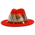 Detail of red wide-brim felt fedora with natural feathers and bohemian beaded ornaments - Red