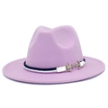 Close-up of lavender wool fedora hat featuring blue woven rope and gold anchor buckles - Light Purple