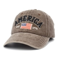 Close-up of vintage brown cotton baseball cap featuring embroidered America flag patch - One Size / Coffee