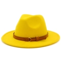 Detail of a bright yellow wool fedora featuring a dark brown suede band and gold buckle - One Size / Yellow