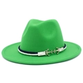 Detail of green wool fedora hat featuring nautical blue-white rope and silver anchor buckle - Grass Green