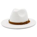 Detail view of white wool fedora hat with a brown suede belt and gold metal buckle - One Size / White