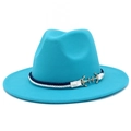 Detail of turquoise felt hat with blue and white braided rope and silver anchor buckle - Sky Blue