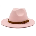 Detailed shot of pink wool fedora hat with brown leather belt and gold metal buckle - One Size / Pink
