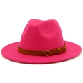 Detailed macro view of the rose red wool fedora hat with brown suede belt and gold buckle - One Size / Rose Red
