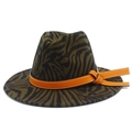 Detail of army green zebra pattern jazz hat with brown leather belt and buckle - One Size / Army Green Zebra Print
