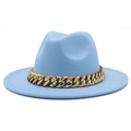 Detail view of light blue fedora hat with chunky gold acrylic chain band decoration - One Size / Light Blue