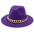 Close-up of purple wool fedora hat featuring a chunky gold acrylic chain decoration - One Size / Purple