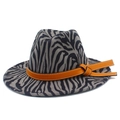Detail of wide brim zebra print fedora with brown leather belt and decorative knot - One Size / Grey Black Zebra Print