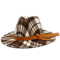 Classic British style wool fedora hat with brown and white plaid and leather strap - Coffee Plaid