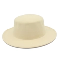 Close-up of beige wool boater hat featuring refined texture and neat stitching details - Beige
