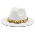 Detailed view of white wool fedora hat featuring a chunky gold chain strap accessory - One Size / White