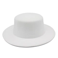 Detailed close-up of white wool felt flat top boater hat with wide brim and fine stitching - White