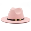 Pink flat brim wool felt fedora hat with black leather band and gold metal buckle detail - Pink