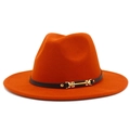 Detail of orange fedora wool hat showing black leather band and gold metal buckle - Dark Orange