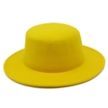 Close-up of vibrant yellow wool felt boater hat with fine stitching detail - Yellow