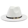 Detail of white fedora hat with a black leather band and elegant gold metal buckle closure - White