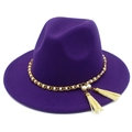 Detailed view of purple fedora hat with gold pearl chain and cream fringe tassels - Purple