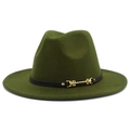 Detail of olive green fedora hat featuring a black leather band and gold metal buckle - Army Green