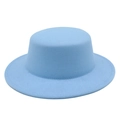 Detail of light blue wool felt boater hat showing flat crown and precise stitching - Light Blue