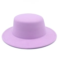 Detailed view of the flat top lavender wool felt hat with stitched wide brim edges - Light Purple