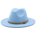 Close-up of light blue felt fedora hat featuring a brown leather strap and gold buckle - Light Blue