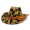 Detail of western leopard print felt cowboy hat with brown leather band and white stitching - Khaki