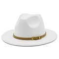 Classic white wool felt fedora hat with a tan leather band and golden buckle detail - White