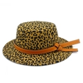 Close-up of leopard print fedora hat featuring a brown leather band and white stitching - One Size / Khaki