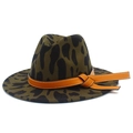 Detailed texture of olive green leopard print wool fedora hat with orange leather band - One Size / Army Green Leopard