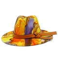 Detailed close-up of colorful tie-dye wool fedora with brown leather hatband and knots - Orange Purple Marble (Color 8)
