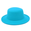 Detailed view of bright blue wool felt flat top hat with reinforced stitched brim - Sky Blue