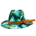 Green and gold marble tie-dye wool fedora hat with orange leather band and wide brim - Green Gold Marble (Color 7)
