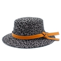 Close-up of leopard print wool fedora hat with an orange-brown leather knotted band - One Size / Gray