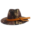Detail of marble tie-dye wool fedora hat with brown leather band and side knot decor - Brown Marble (Color 9)