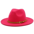 Detail of a rose red wool fedora with a brown leather belt and golden metal buckle - Rose Red