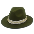 Detail of army green wool fedora hat with studded white decorative band and rhinestones - Army Green