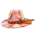 Detail view of pink marble tie-dye fedora with a decorative brown faux leather strap - Pink Marble (Color 5)