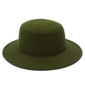 Detailed close-up of dark green wool felt flat top fedora hat showing fine stitching - Army Green