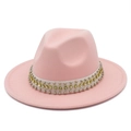Detail of light pink fedora hat with rhinestone and silver rivet studded ribbon band - Pink