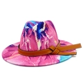 Detalle del sombrero de lana tie-dye rosa y morado con banda decorativa de cuero marrón - Mármol Rosa Púrpura (Color 4)