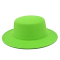 Close-up of neon green wool felt boater hat showing fine stitching and fabric texture - Fruit Green
