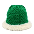 Vintage green knitted bucket hat with creamy white plush trim for winter warmth - Green