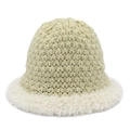 Winter knitted bucket hat with light green yarn and white faux fur trim for women - Beige