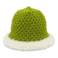 Japanese retro green knit bucket hat with white plush trim and thick warm ear protection - Mustard Green