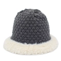 Detail view of winter knit bucket hat with dark grey wool and cream plush faux fur trim - Gray
